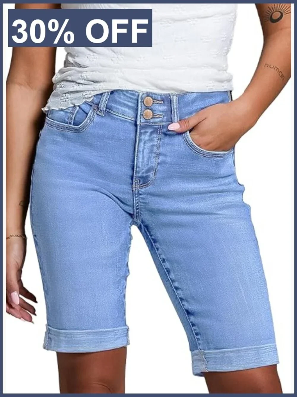 High Waisted Bermuda Jean Shorts with Rolled Hem
